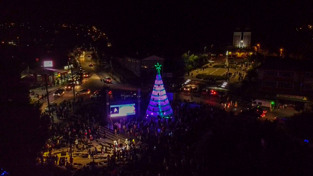 Panguipulli encendió árbol navideño construido con más de 6 mil botellas recicladas